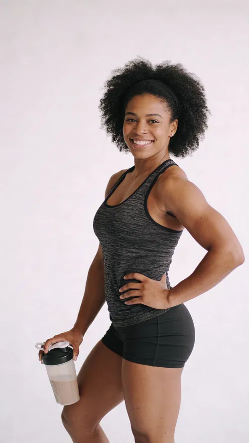 Black female bodybuilder studio portrait holding shaker bottle, friendly smile