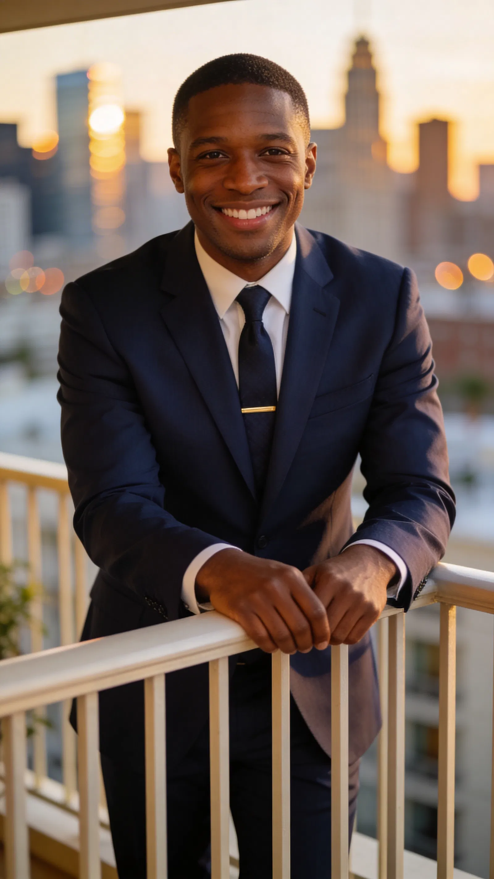 Black groom in navy suit on balcony at golden hour