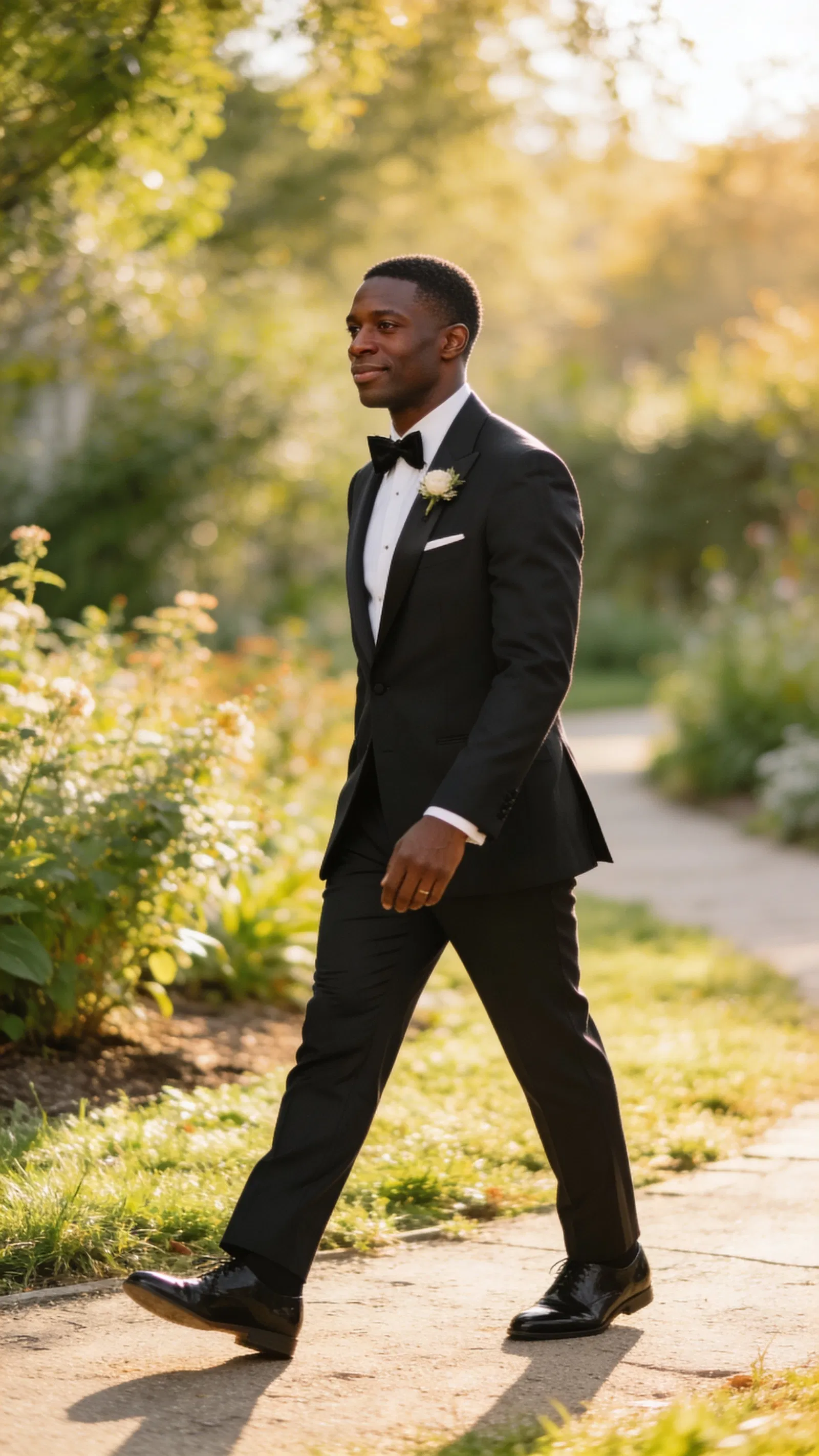 Black groom in tux walking along garden path in morning light