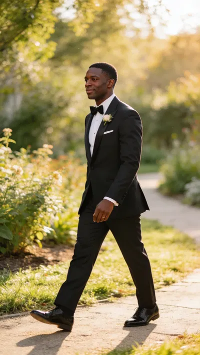 Black groom in tux walking along garden path in morning light