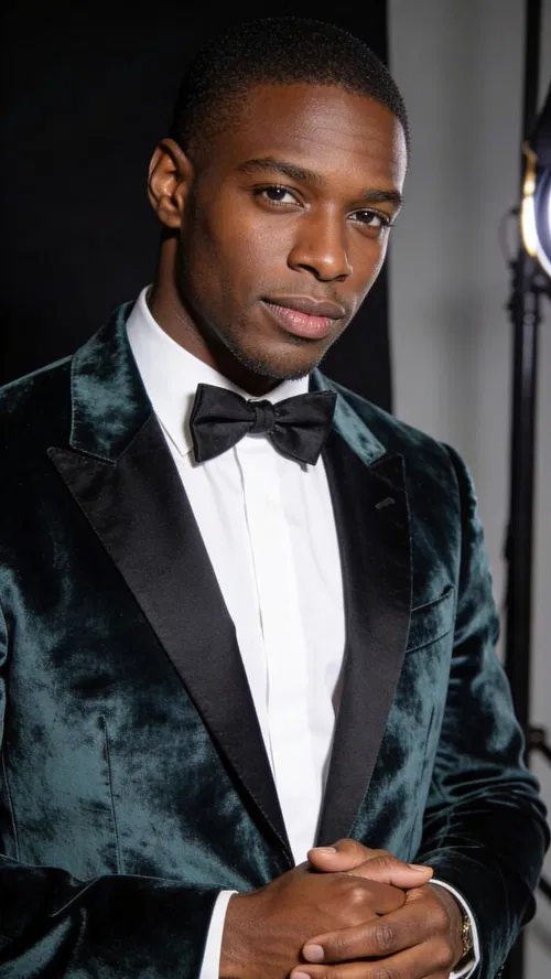 Black groom in velvet dinner jacket studio portrait with dramatic lighting