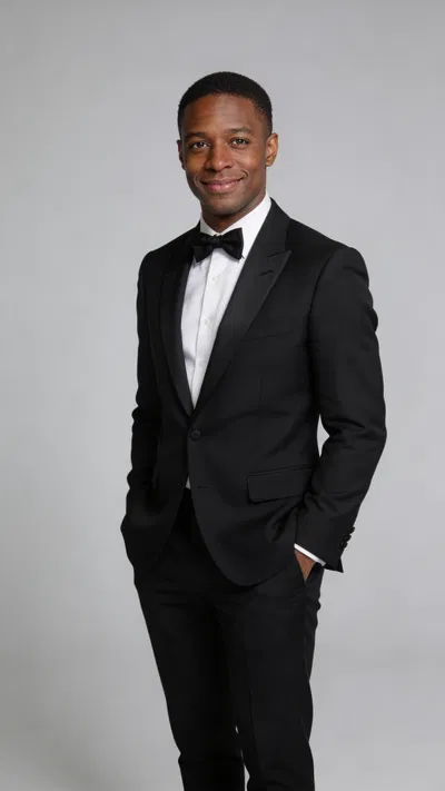 Black groom tuxedo headshot with clean gray background