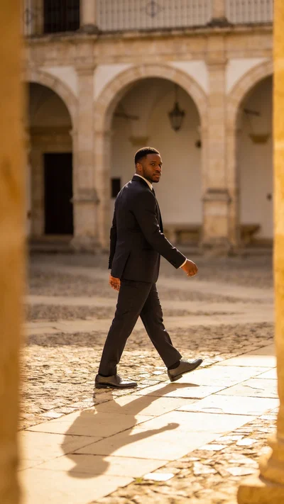 Black groom walking in courtyard in dark suit