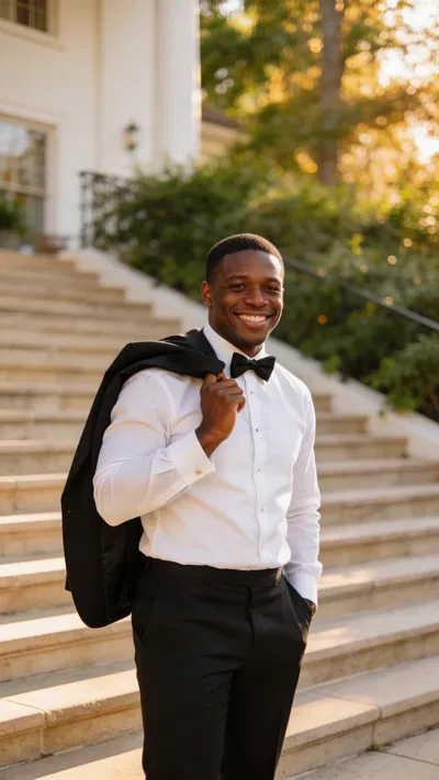 Black groom with tux jacket over shoulder outside venue steps