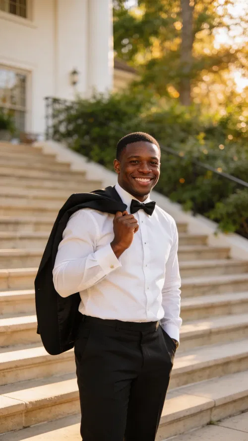 Black groom with tux jacket over shoulder outside venue steps