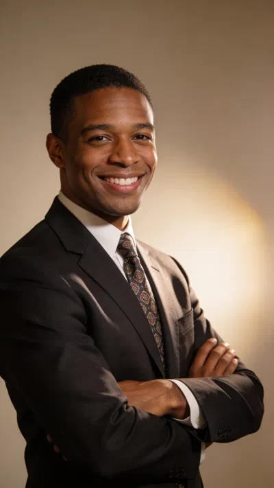 Black male attorney half-body studio portrait with arms crossed and friendly smile