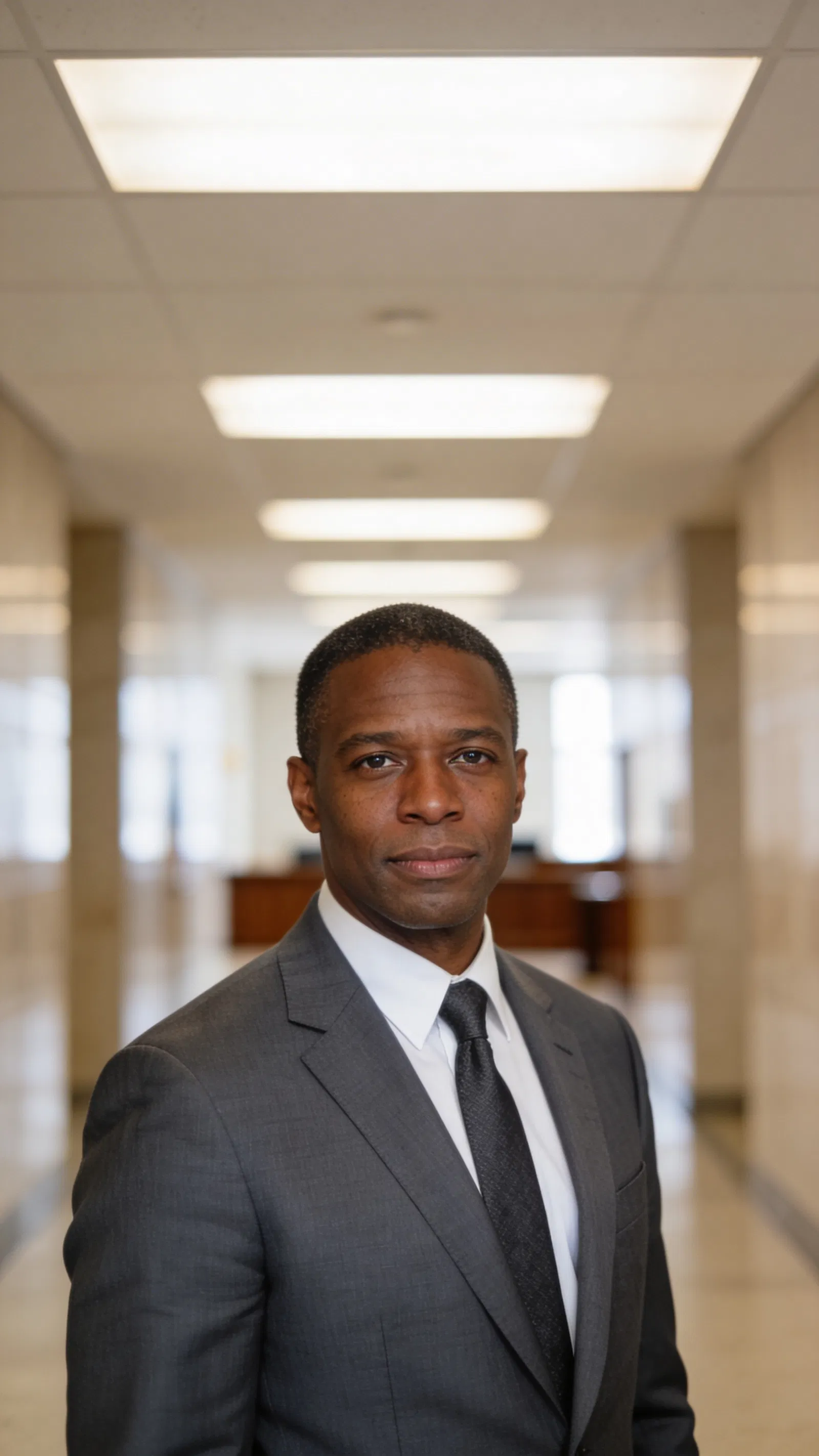 Black male attorney headshot in courthouse hallway with calm confident expression