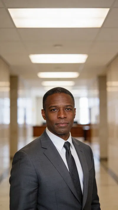 Black male attorney headshot in courthouse hallway with calm confident expression