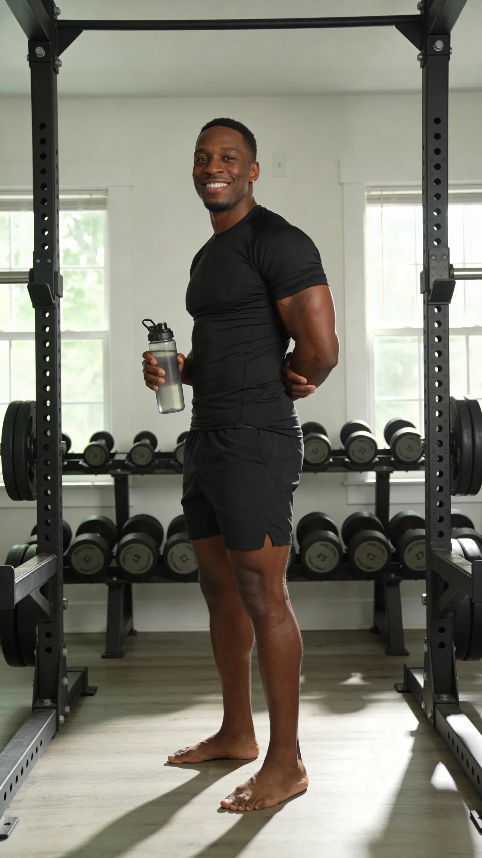 Black male bodybuilder 3/4 body home gym portrait with natural window lighting