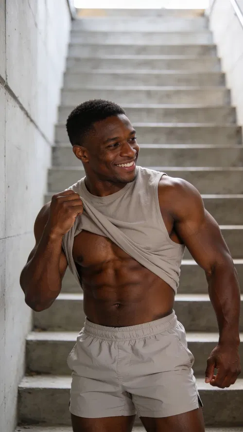 Black male bodybuilder 3/4 body side chest pose outdoors with natural daylight