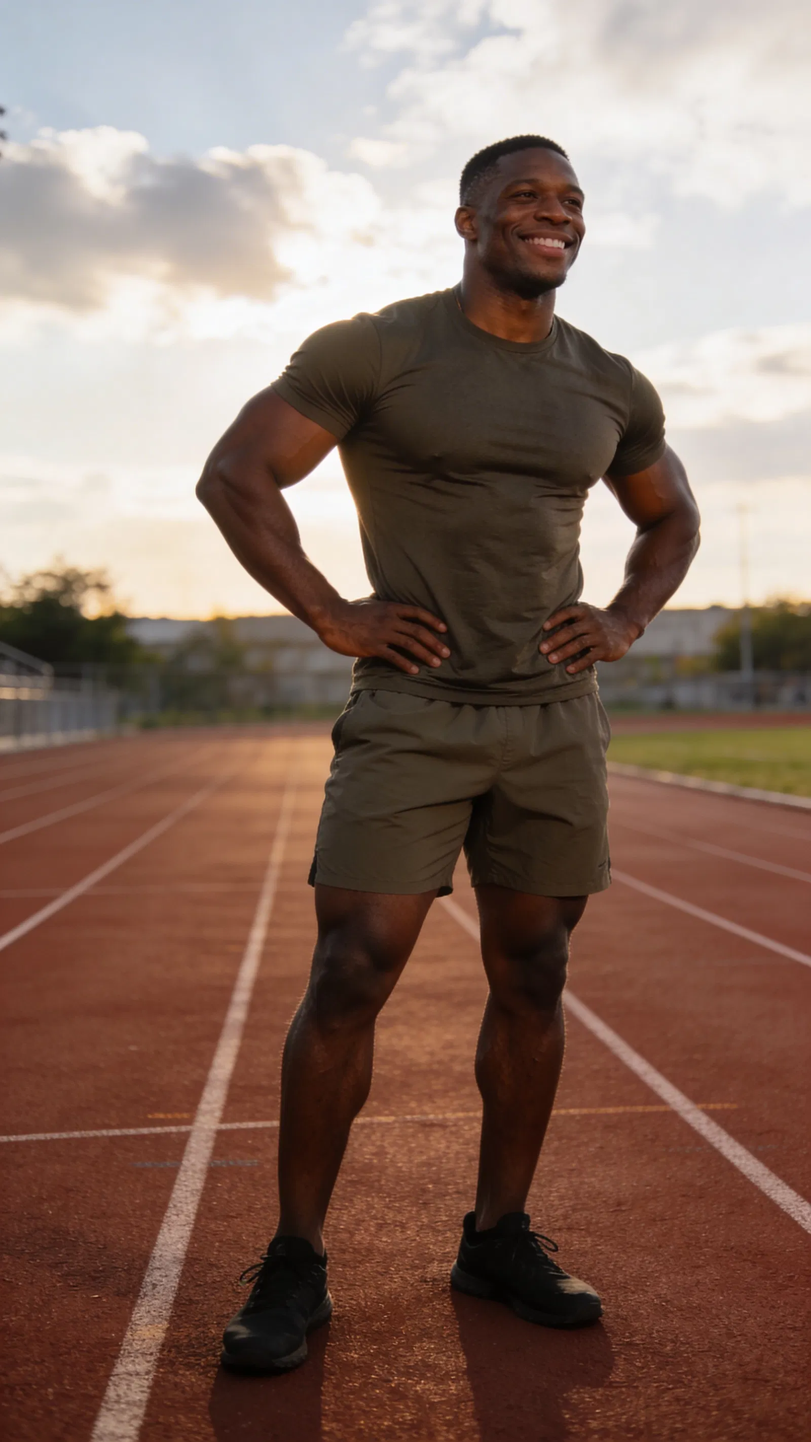 Black male bodybuilder full-body outdoor athletic portrait on track with relaxed smile