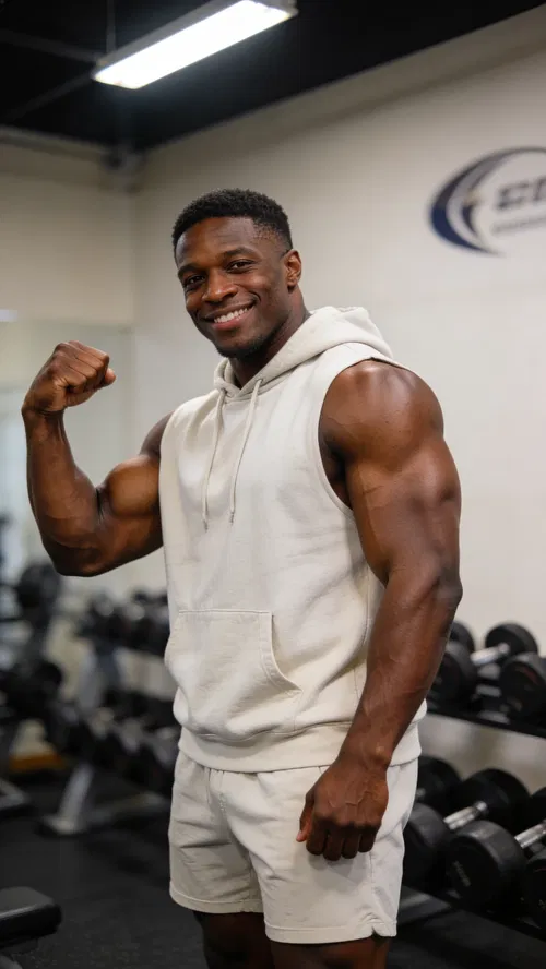Black male bodybuilder half-body gym portrait showing arm definition and friendly smile