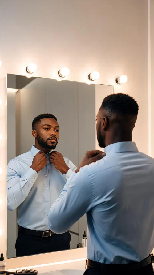 Black man adjusting collar in mirror, grooming and style glow-up looksmaxxing portrait