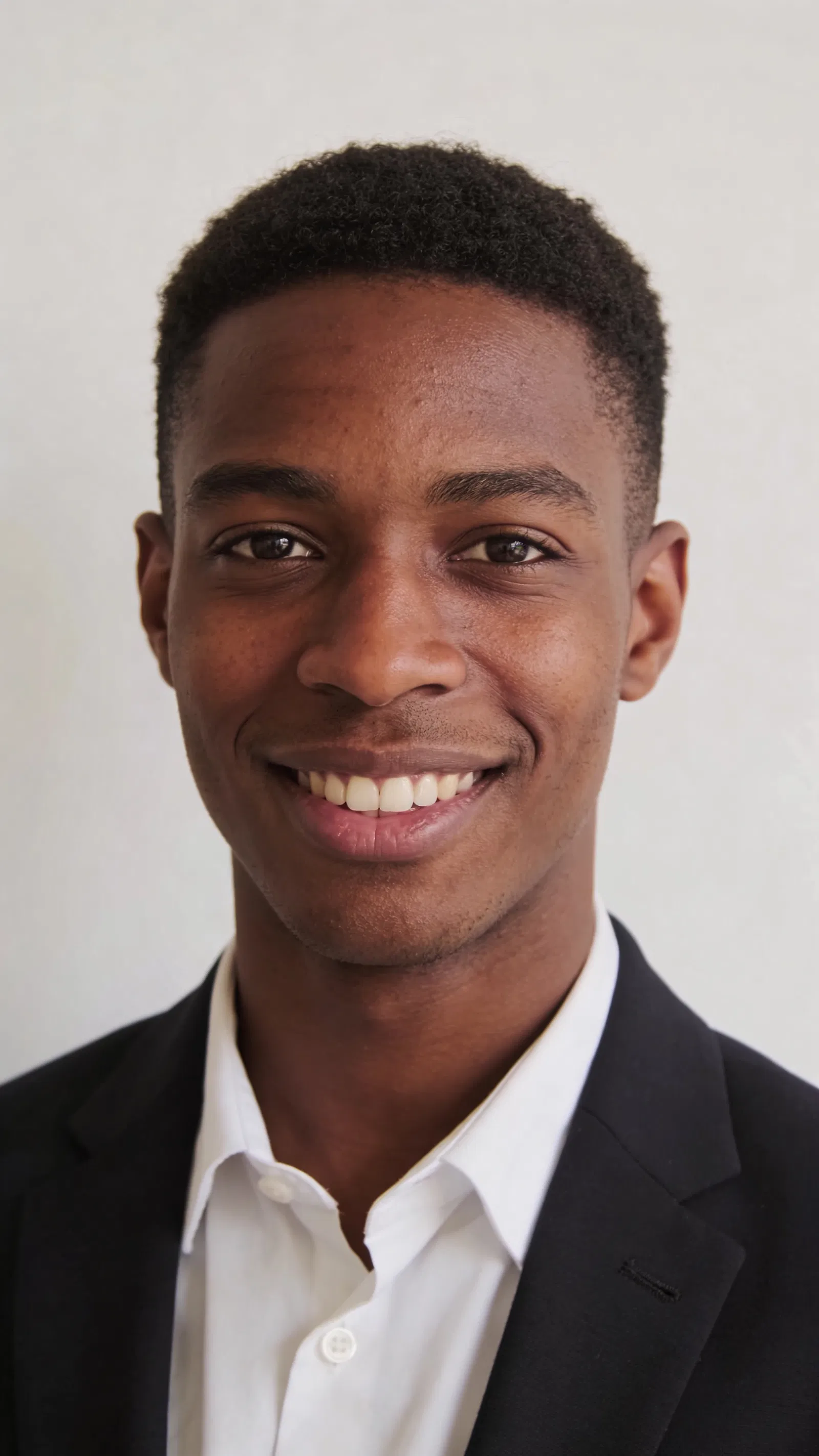Black man against off-white wall with clean resume headshot framing