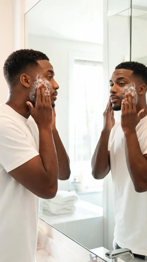 Black man applying moisturizer in bathroom, skincare looksmaxxing from home