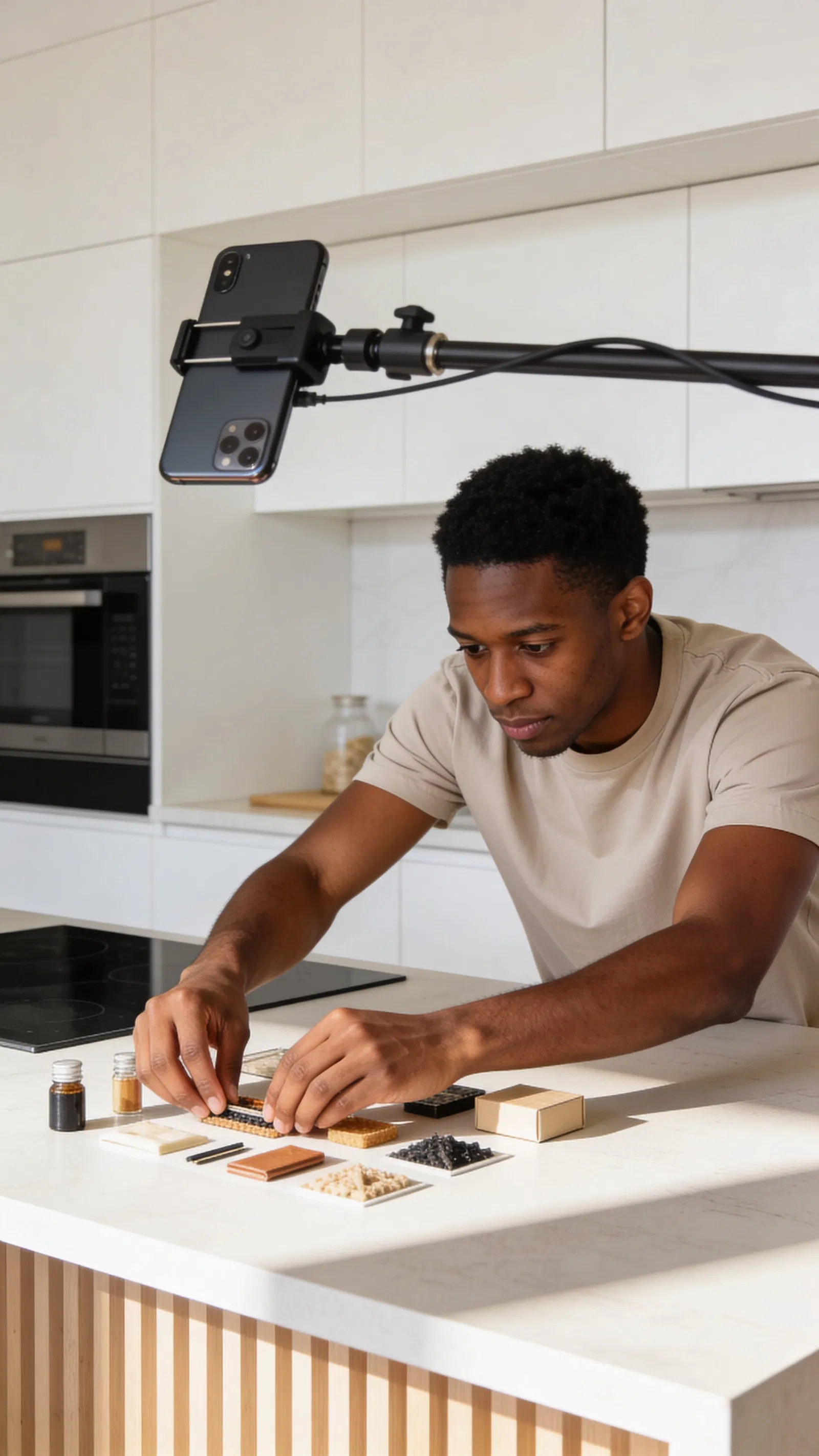 Black man arranging a product flat lay with an overhead smartphone rig