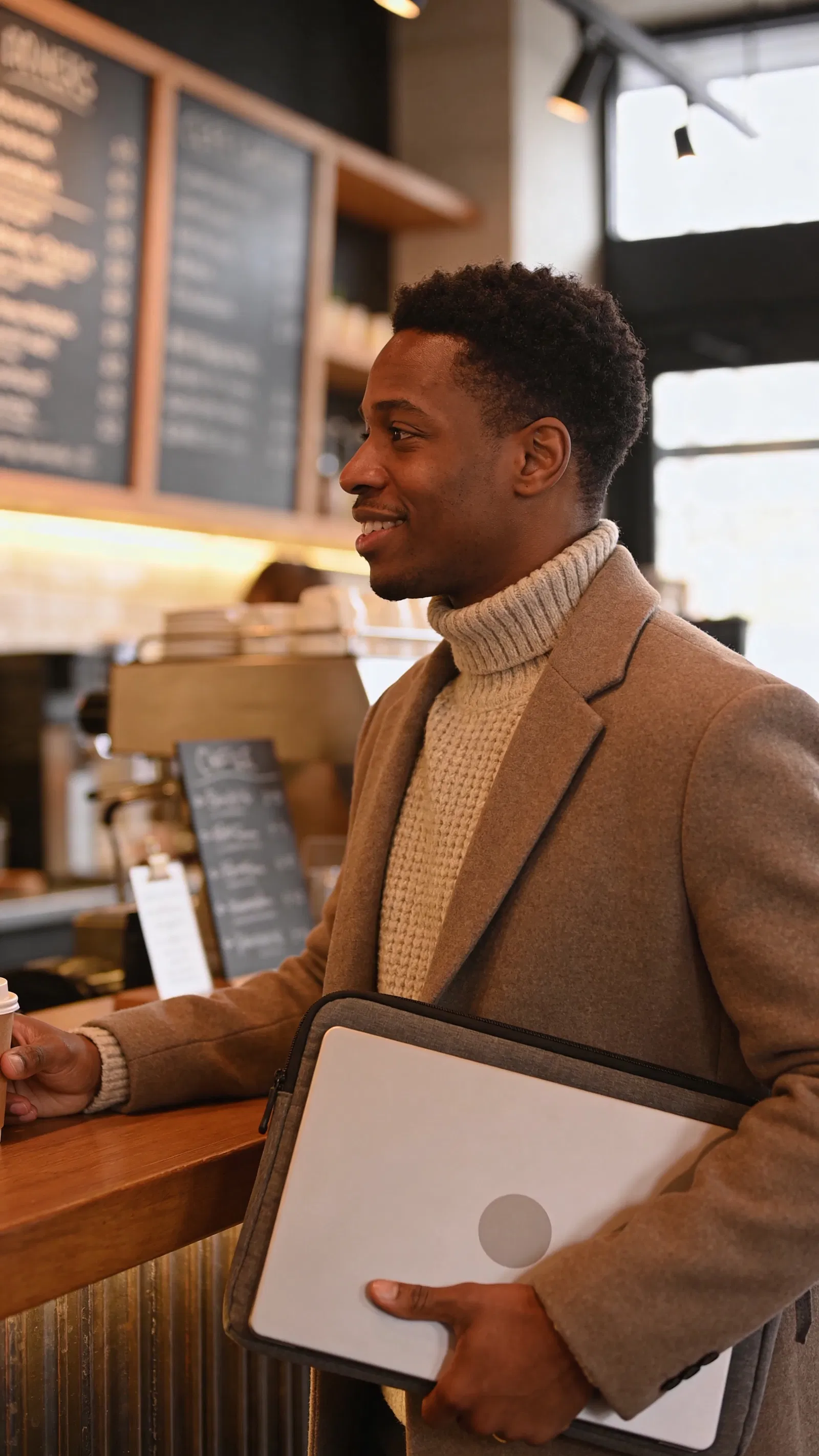 Black man at café counter holding laptop sleeve, professional approachable portrait