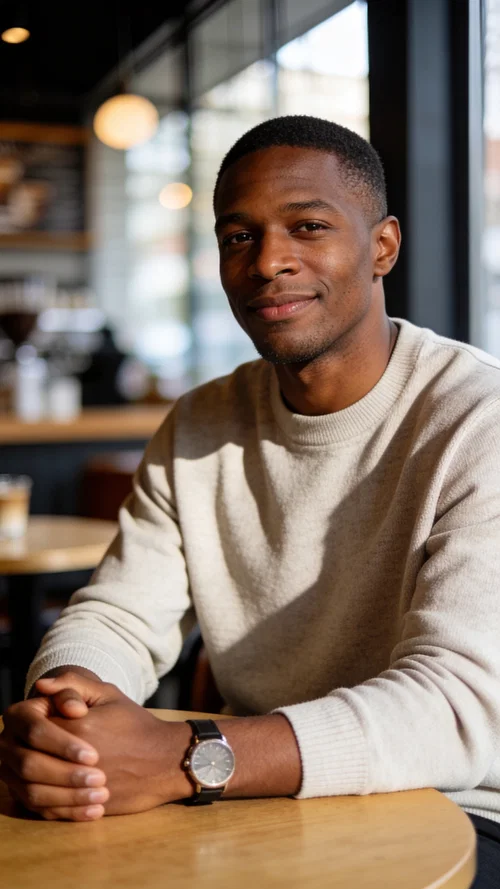 Black man at cafe table portrait for Instagram content photos