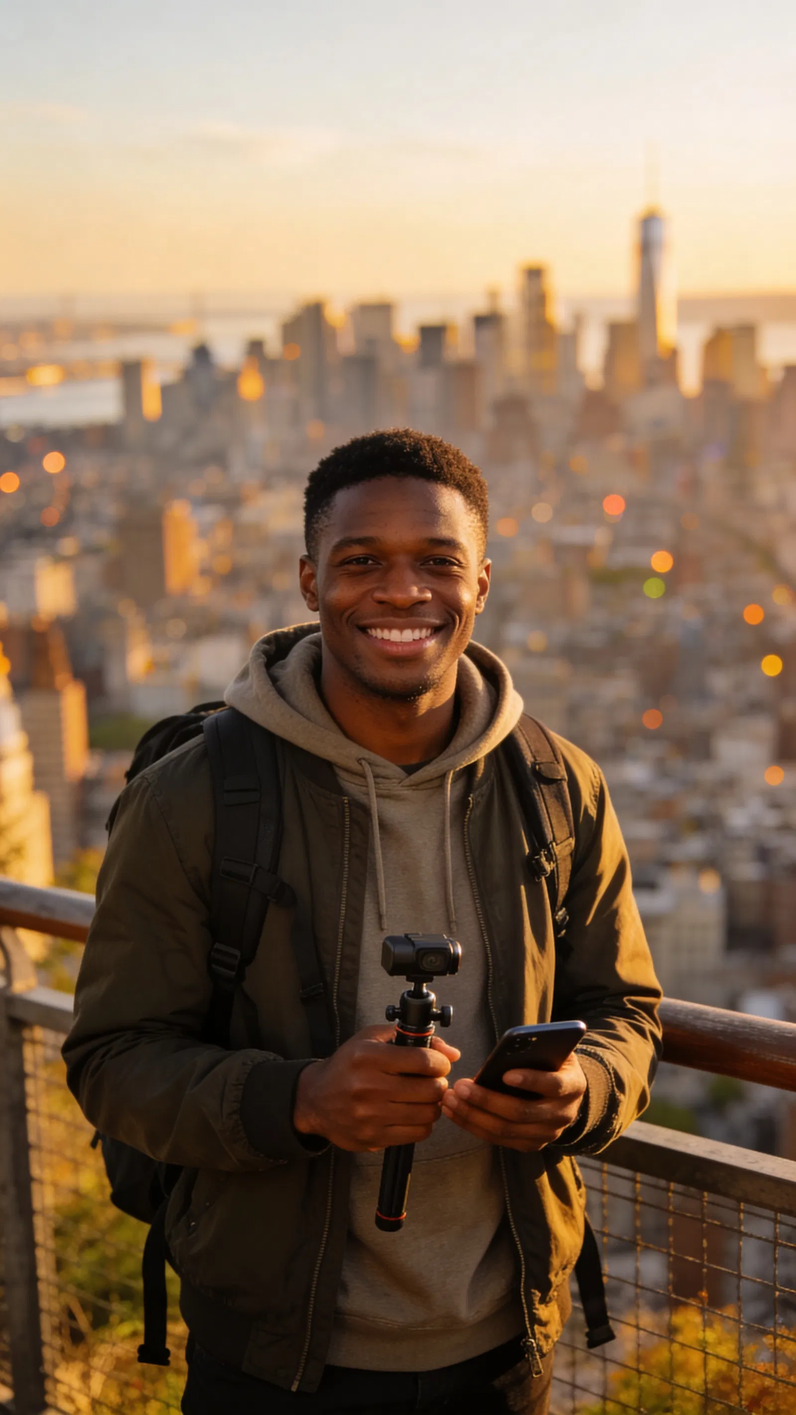 Black man at city lookout with tripod, golden hour travel creator portrait.