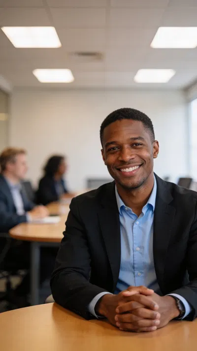 Black man at conference table, friendly professional half-body headshot look