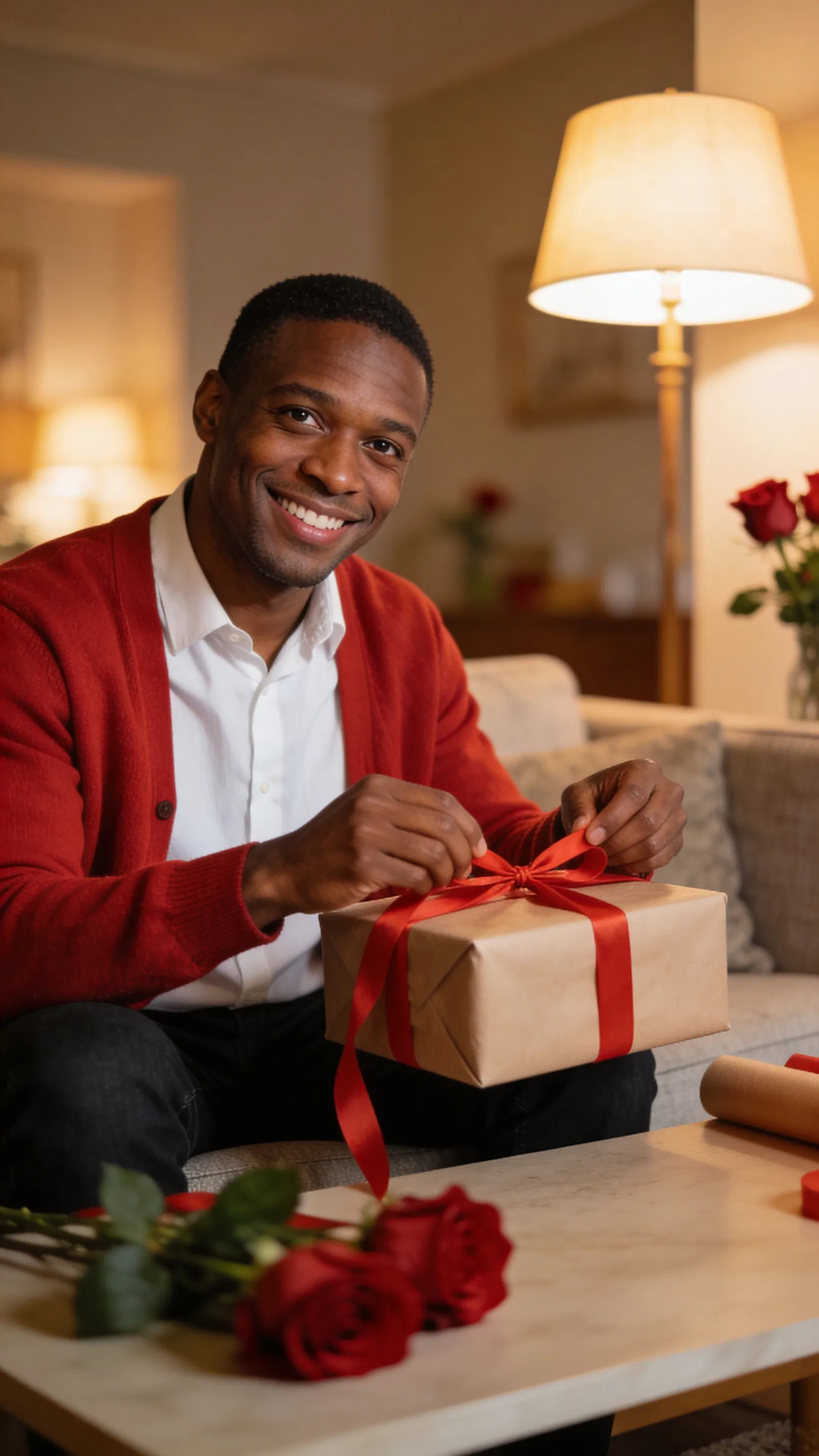 Black man at home wrapping gift with red ribbon, roses nearby.