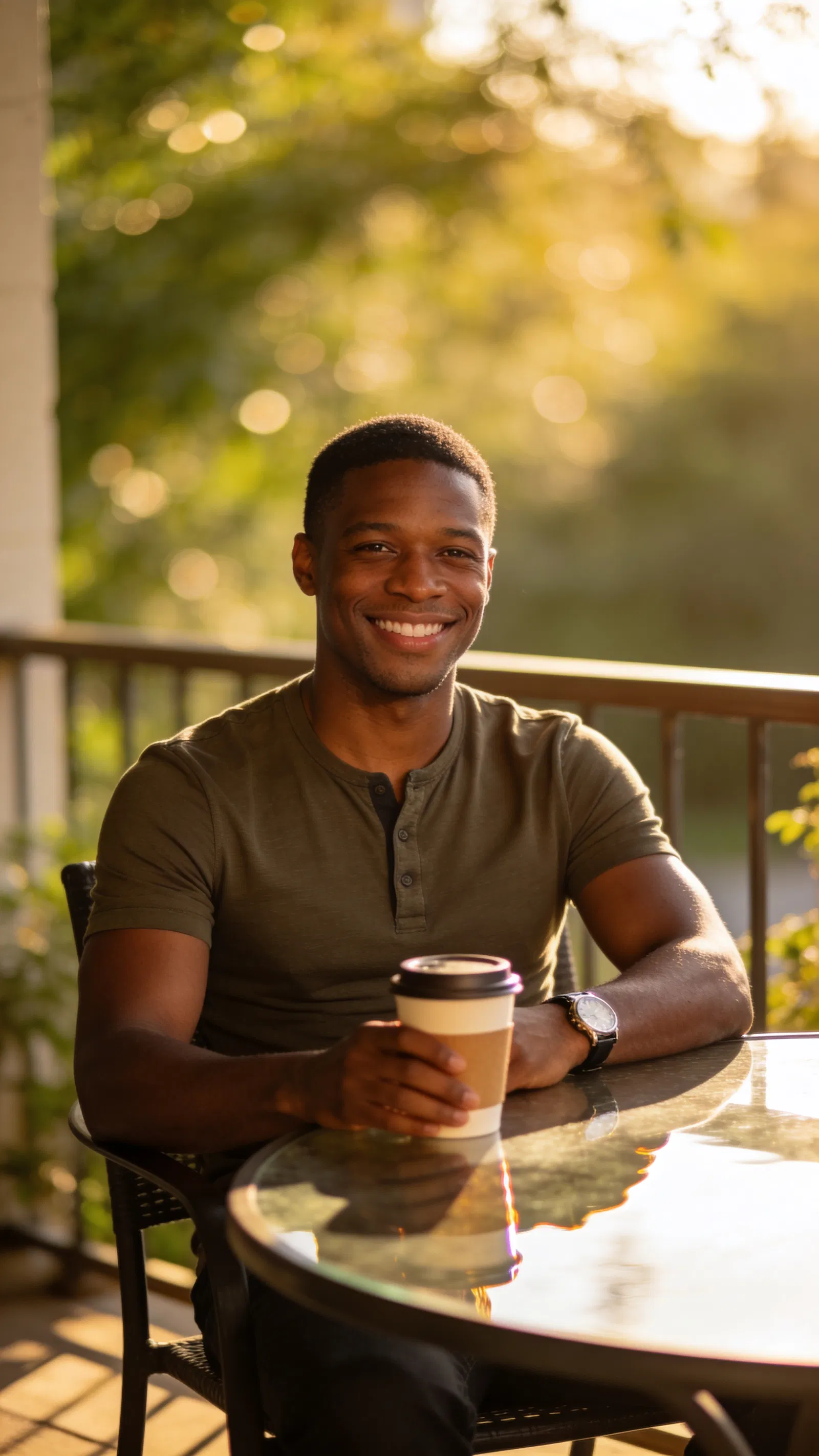 Black man at outdoor café with coffee, relaxed half-body dating profile photo.