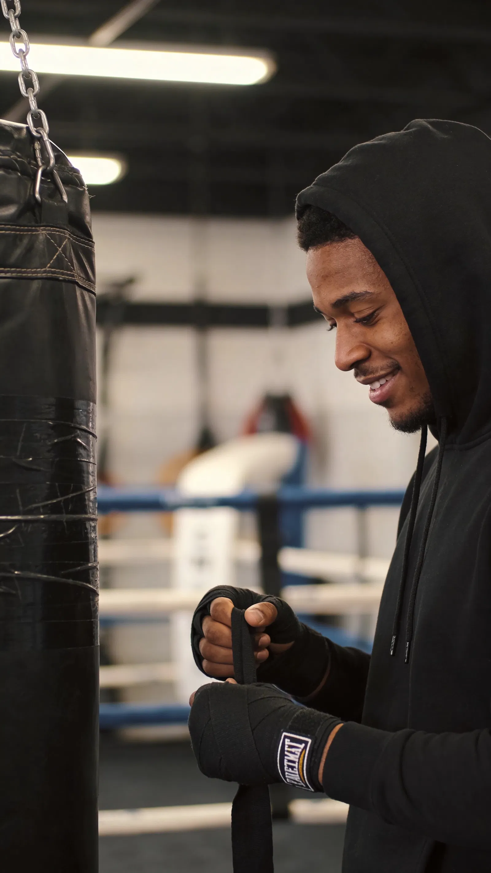 Black man boxing gym portrait for gym photoshoot without photographer