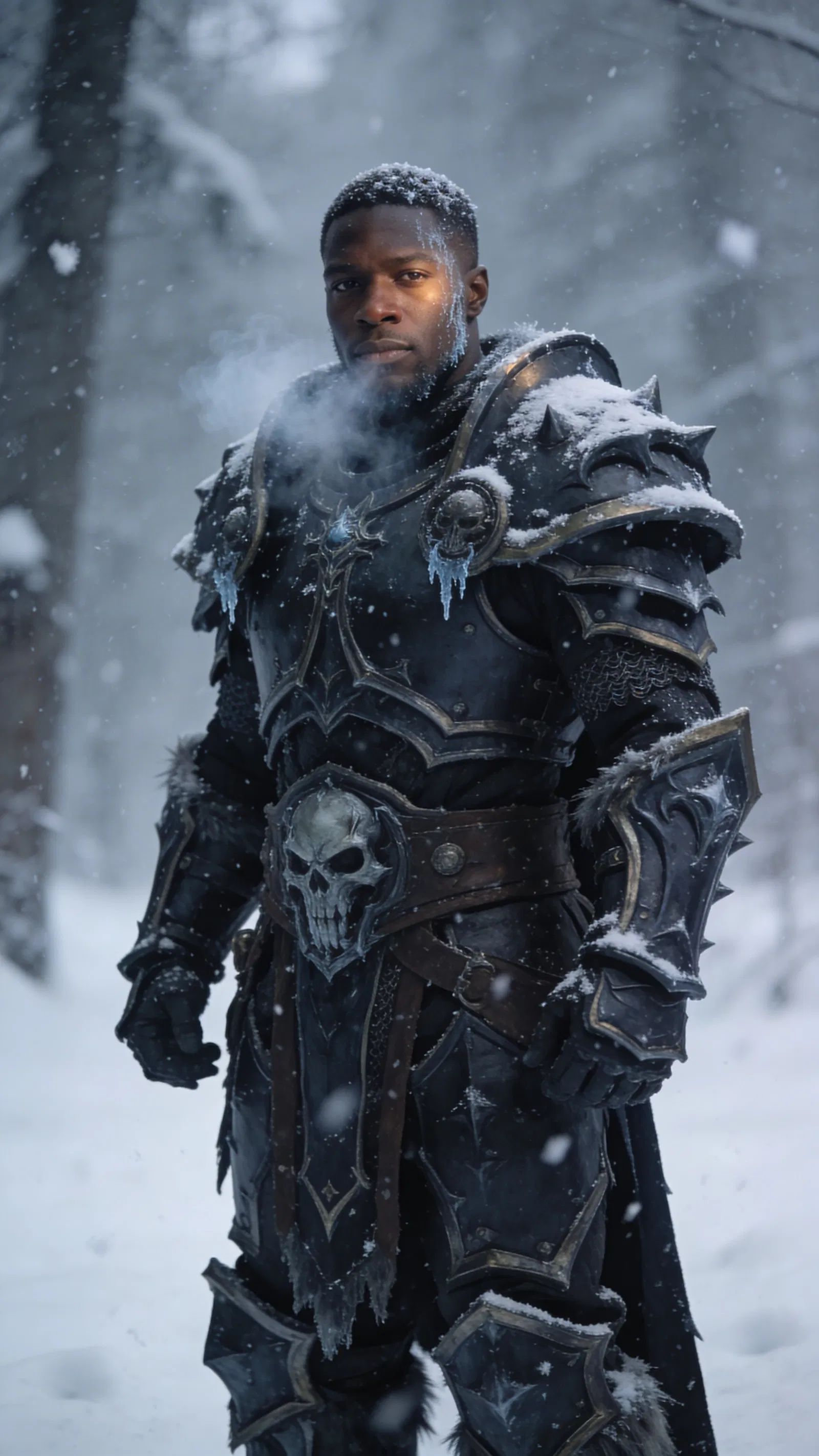 Black man death knight cosplay in snowy scene, full-body portrait.
