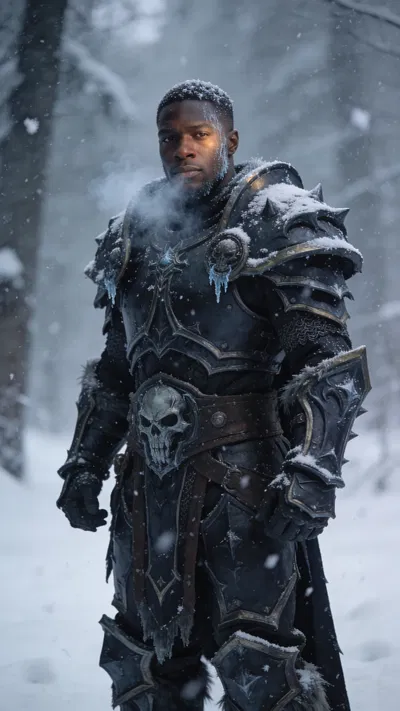 Black man death knight cosplay in snowy scene, full-body portrait.
