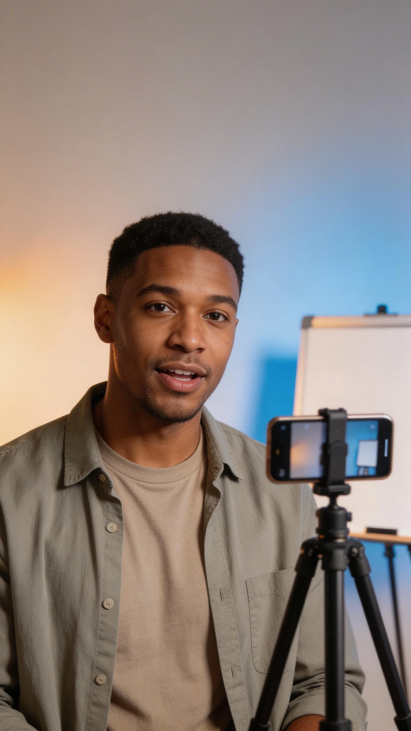 Black man filming myth-vs-fact TikTok with whiteboard beside tripod