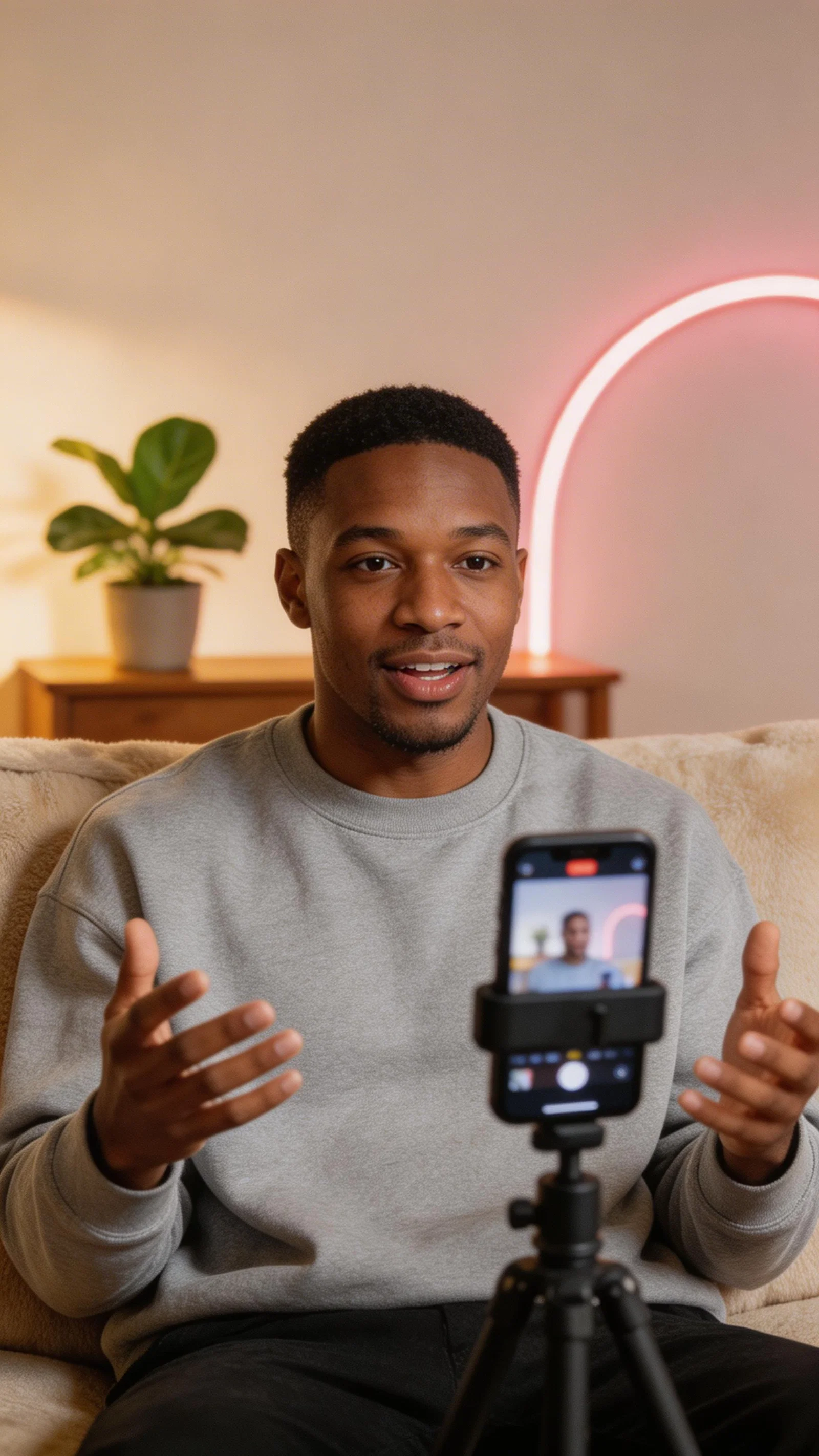 Black man filming quick Q&A TikTok on couch with tripod and gestures