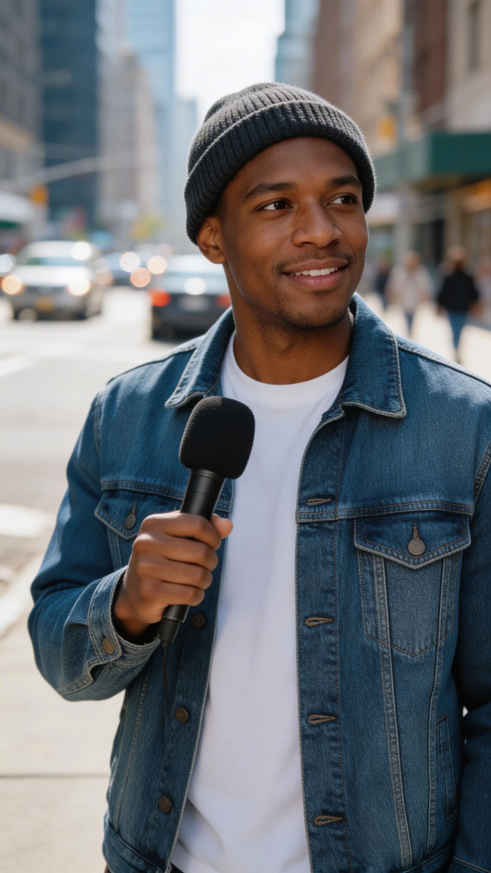 Black man filming street-interview style TikTok outdoors with compact microphone
