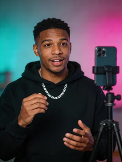 Black man filming TikTok-style intro beside tripod in neon studio