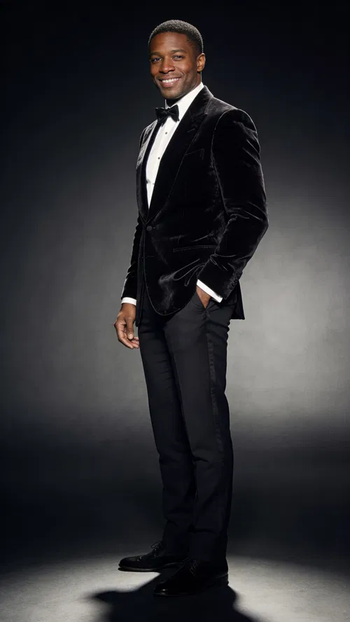 Black man full-body studio glamour portrait in velvet jacket under rim lighting