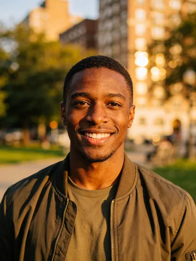 Black man golden-hour half-body portrait for dating profile photo