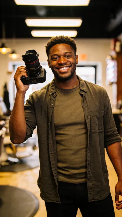 Black man holding camera lens, upbeat creator portrait in studio space