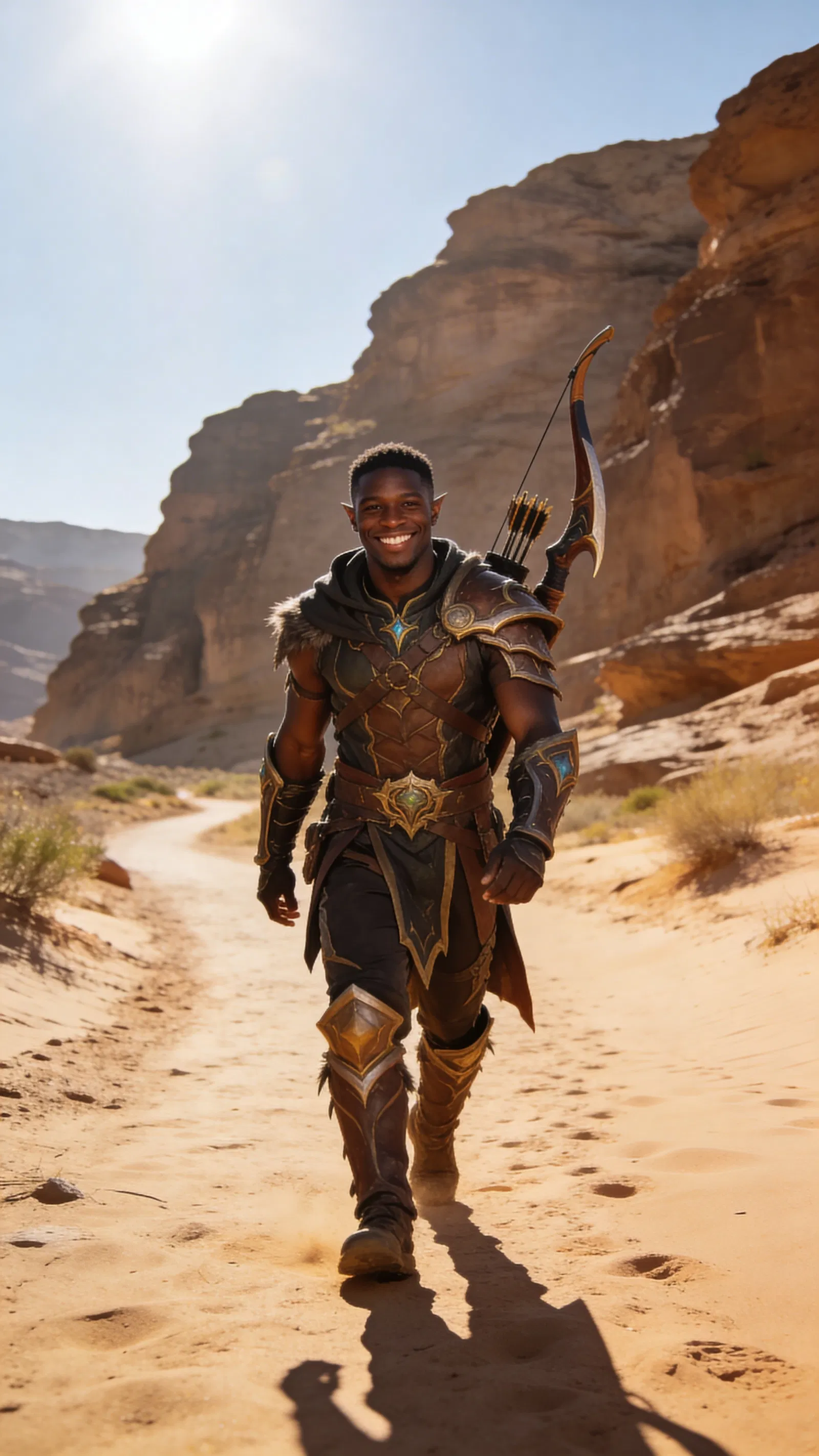 Black man hunter cosplay walking in desert landscape, full-body shot.