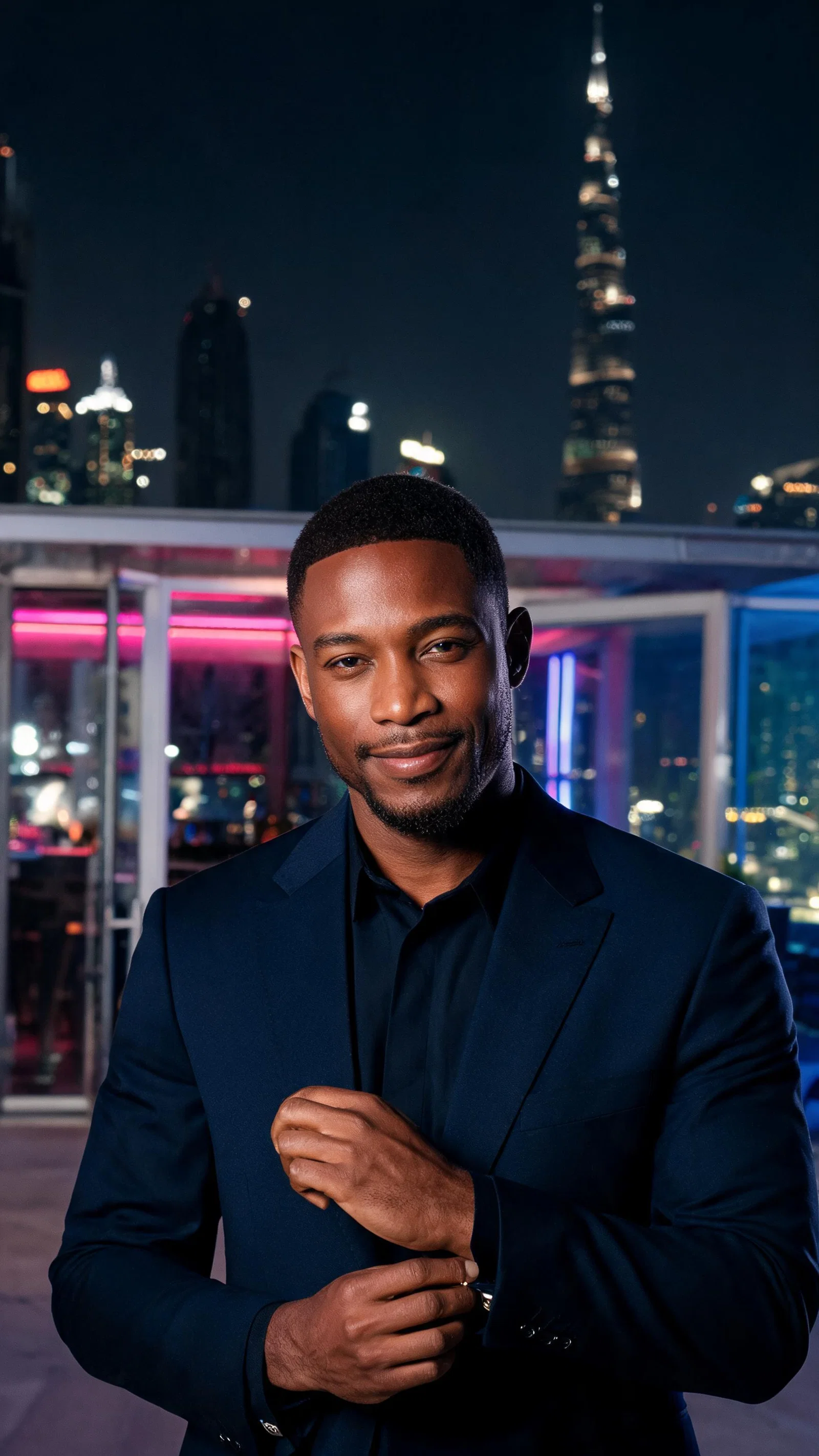 Black man in blazer at Dubai rooftop bar with city bokeh lights