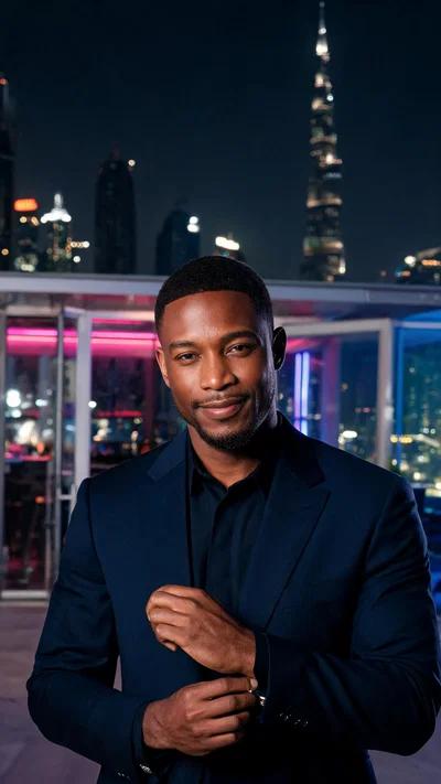 Black man in blazer at Dubai rooftop bar with city bokeh lights