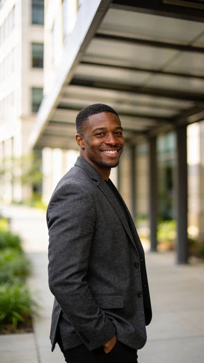Black man in charcoal blazer outdoors near office building corporate portrait