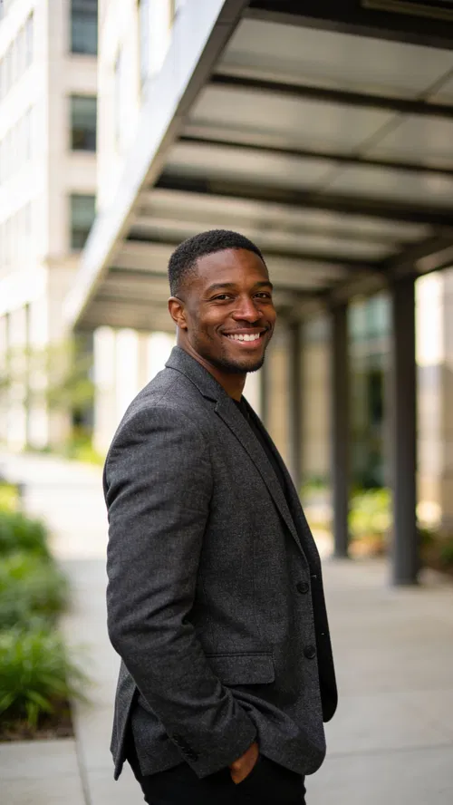 Black man in charcoal blazer outdoors near office building corporate portrait