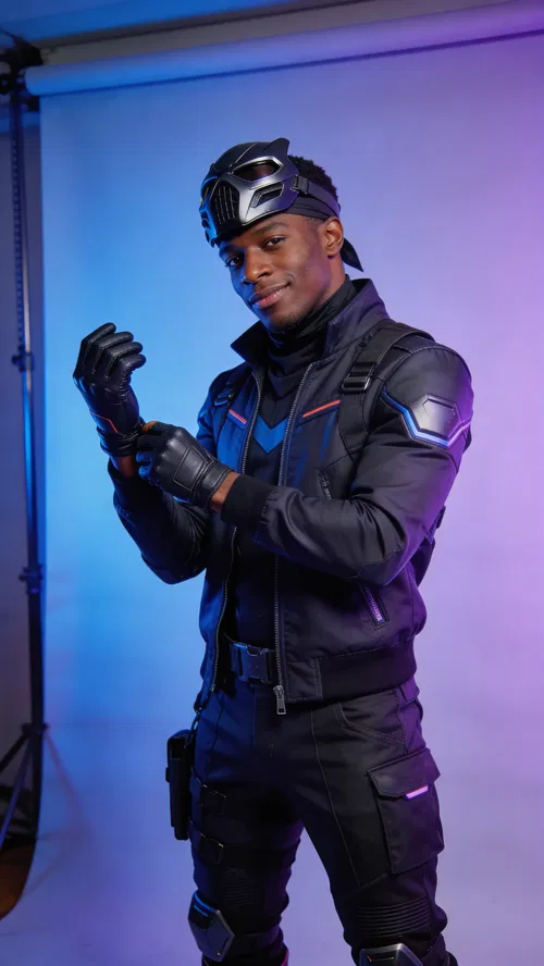 Black man in cyber ninja cosplay, studio three-quarter portrait