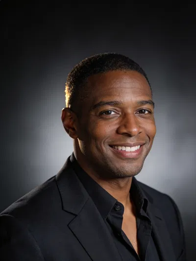 Black man in dark studio headshot with premium lighting