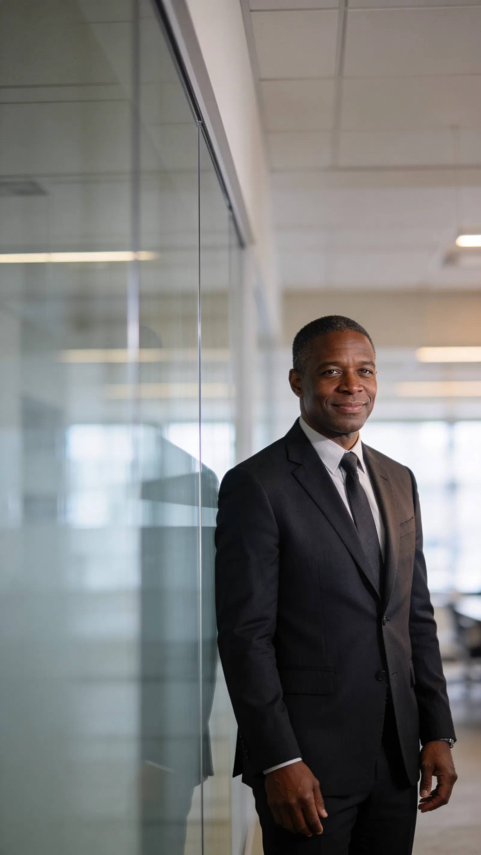 Black man in dark suit standing in modern office portrait