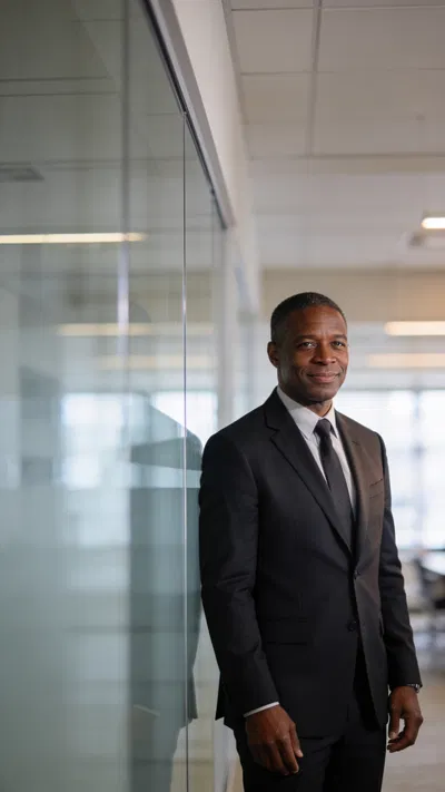 Black man in dark suit standing in modern office portrait