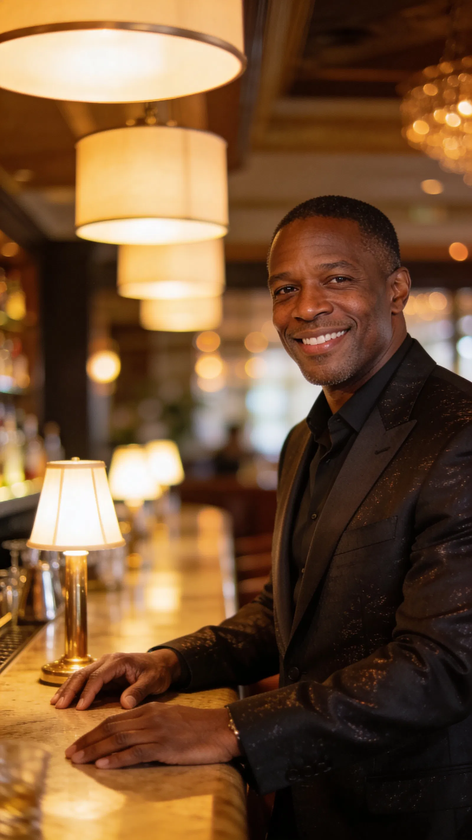 Black man in lounge bar portrait with warm bokeh and classy glamour lighting