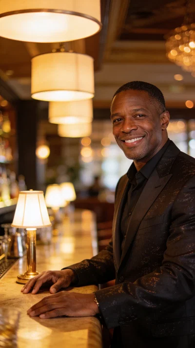 Black man in lounge bar portrait with warm bokeh and classy glamour lighting