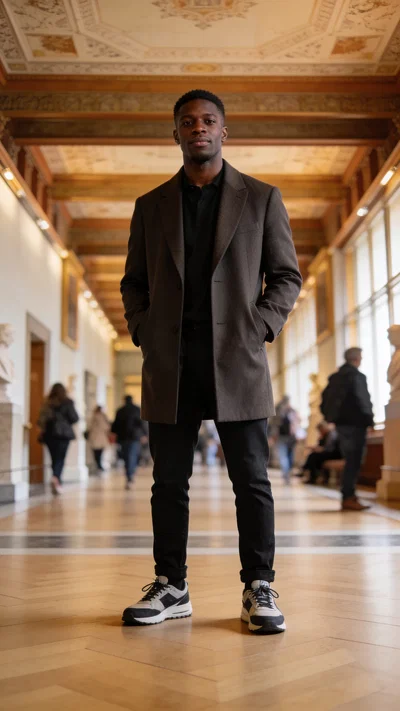 Black man in museum corridor, modern travel branding full-body photo.