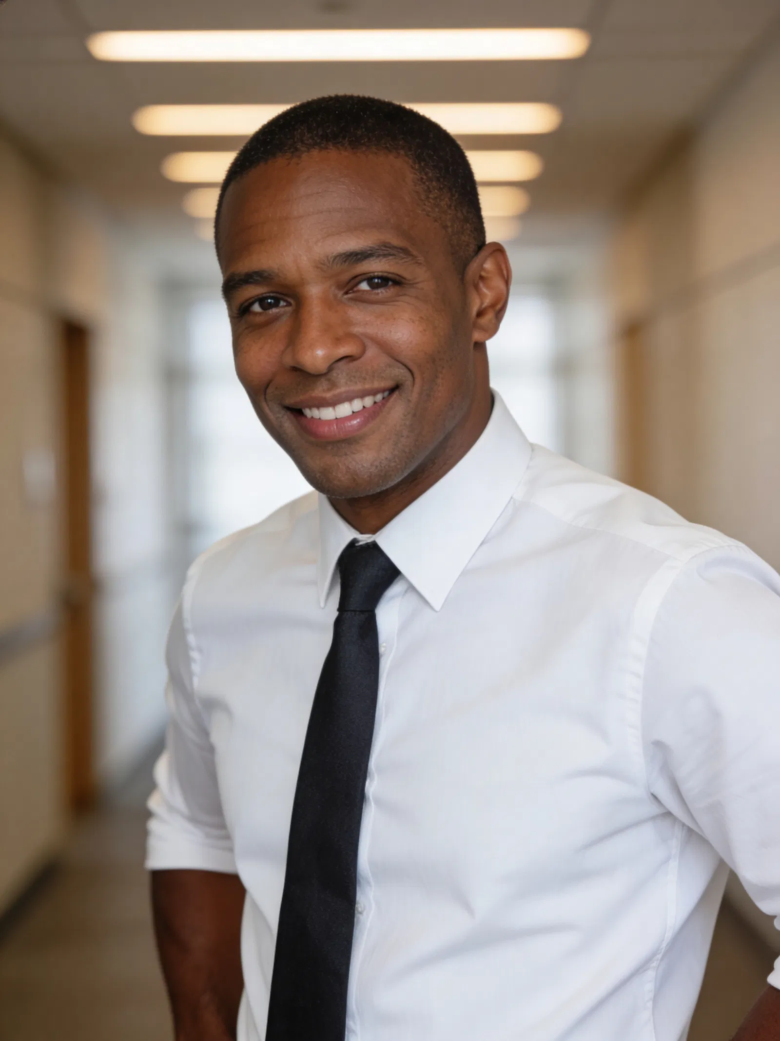 Black man in office hallway for professional LinkedIn headshot