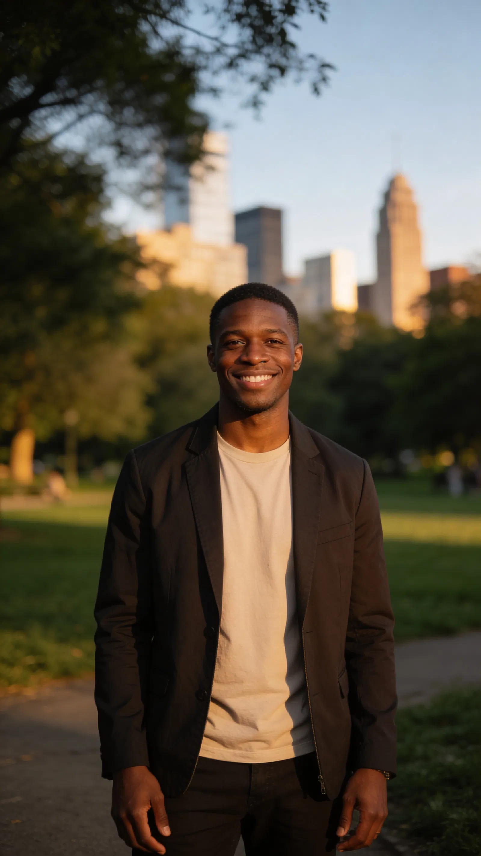 Black man in park with skyline background, smart casual profile photo